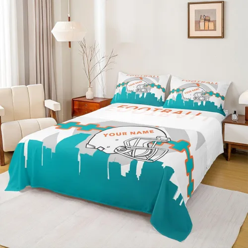 Miniatura 2 de Erosebridal Juego de cama matrimonial personalizado para niños, amantes del fútbol americano, sábana bajera ajustable con 2 fundas de almohada Miami