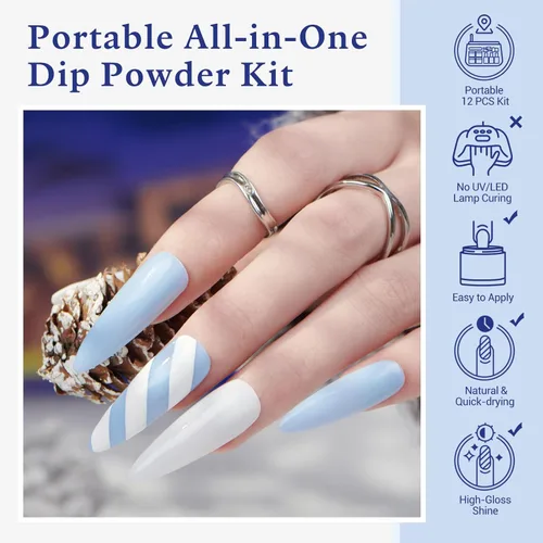 Miniatura 3 de AZUREBEAUTY Kit de polvo de inmersión para uñas, color blanco y azul marino con purpurina, 4 colores, polvo de inmersión acrílico, juego líquido