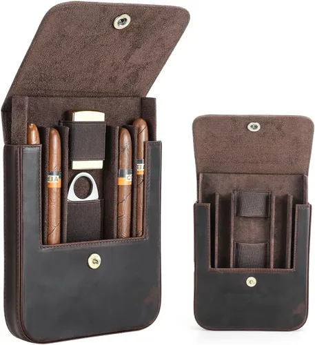 Miniatura 10 de CONTACTS Crazy Horse - Estuche de cuero para cigarros, caja de cigarros de viaje, 3 ranuras, funda para humidor, organizador portátil por Handmade