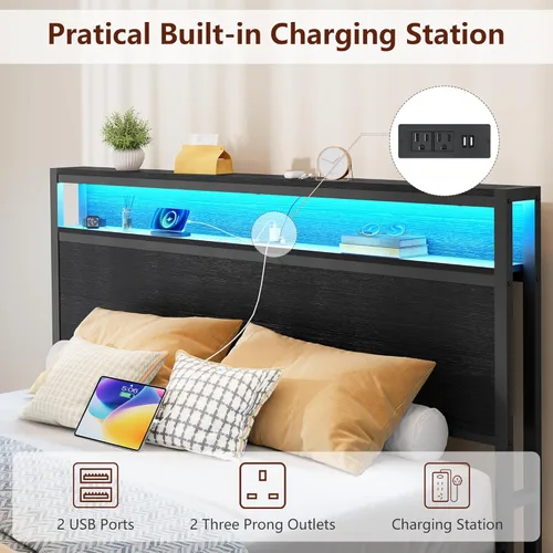 Miniatura 7 de FAVOOSTY Base de cama de tamaño matrimonial con cabecera de 2 niveles, plataforma de metal con 2 cajones de almacenamiento, luces LED y estación