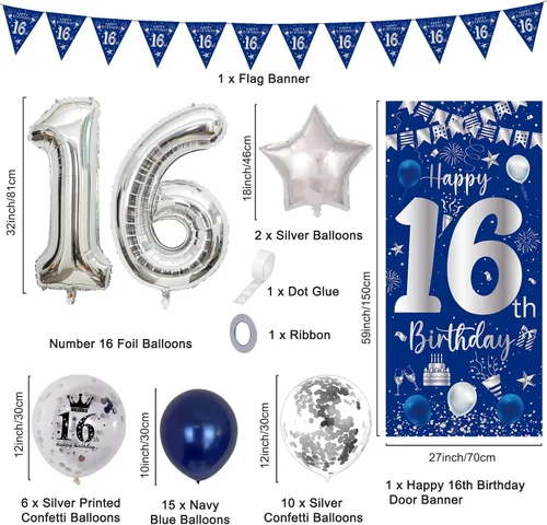 Miniatura 2 de Decoraciones de cumpleaños número 16 para niños y niñas, kit de fiesta de cumpleaños azul plateado con pancarta, globos, globo del número 16