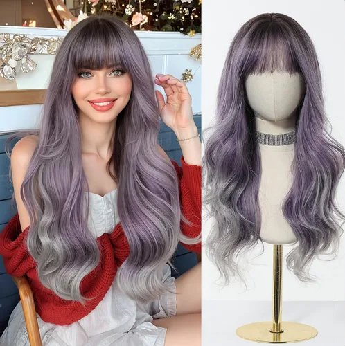 Miniatura 19 de Esmee Pelucas largas onduladas de color rubio ceniza para mujer con flecos, peluca de cabello sintético natural para uso diario y de fiesta