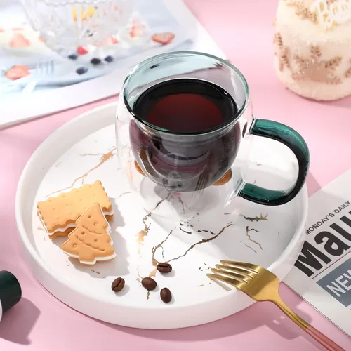Miniatura 4 de Patelai Linda taza de oso con aislamiento de doble pared de vidrio para té, leche y café con asa, taza de espresso aislada, taza de cerveza de Verde