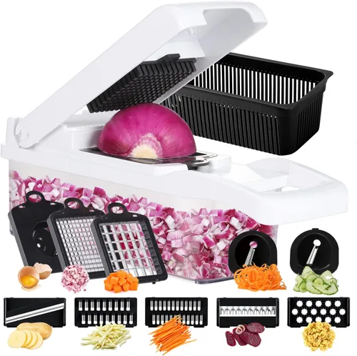 Miniatura 9 de Ourokhome Cortador de cebollas y verduras, cortador profesional de mandolina 12 en 1 para cocina, picador de alimentos multifuncional para papa, Gery