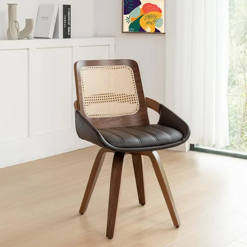 Miniatura 16 de Juego de 2 sillas de comedor de ratán verde, sillas de comedor modernas de mediados de siglo con marco de madera curvada de nogal, respaldo Nogal