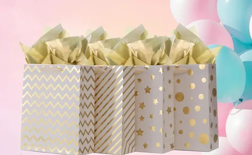 Miniatura 9 de UNIQOOO 12 bolsas de regalo de Navidad doradas metálicas a granel con asa, grandes de 12.5 x 10 pulgadas, bolsas de papel geométrico moderno surtido
