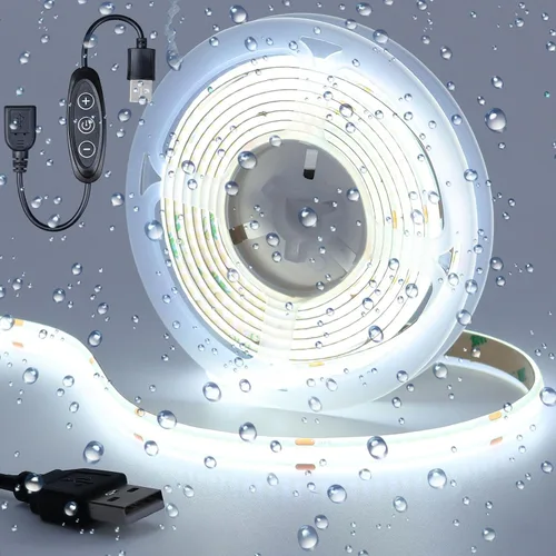 Miniatura 16 de DC 5V USB COB Tira de luz LED verde regulable IP65 resistente al agua alimentada por USB 6.6 pies/2M 640LEDs con regulador de brillo alto cinta