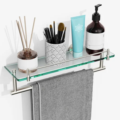 Estante de baño flotante de vidrio templado con toallero, níquel cepillado y acero inoxidable, montaje en pared de 16 pulgadas