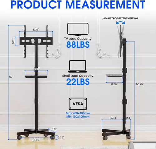 Miniatura 2 de Soporte de TV móvil para TV de 23 a 60 pulgadas LCD LED OLED de pantalla plana con pantalla curva hasta 88 libras, inclinación y altura ajustable