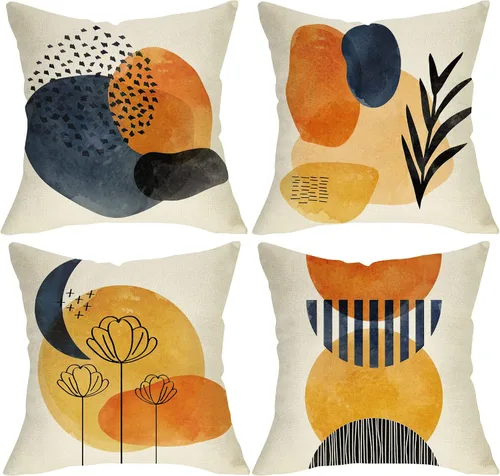 Juego de 4 fundas de almohada decorativas de arte moderno abstracto bohemio de 16 x 16 pulgadas, decoración minimalista geométrica bohemia con sol y