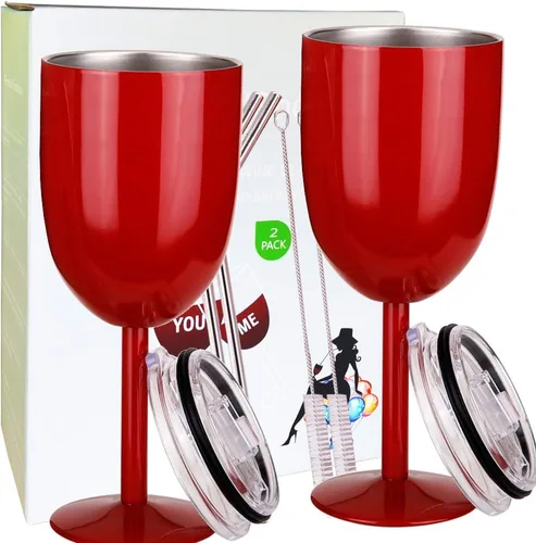 Miniatura 13 de AMZUShome Copas de vino de acero inoxidable (paquete de 2). Vaso de vino de doble pared aislado al vacío con tapa y pajita. Amistad, Navidad, Oro