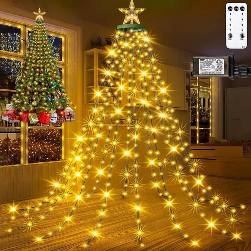 Miniatura 11 de 410 luces LED para árbol de Navidad con estrella superior, tira de luces de Navidad con anillo para árbol, 6.6 pies x 16 líneas, luces parpadeantes