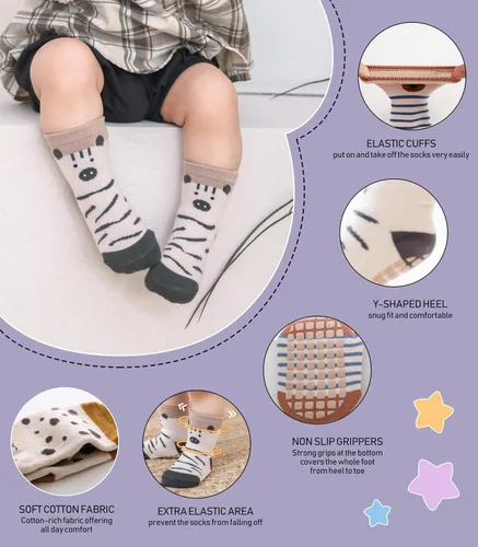 Miniatura 4 de Yebing Calcetines para bebés y niños pequeños, calcetines antideslizantes con agarres, calcetines de algodón para regalos