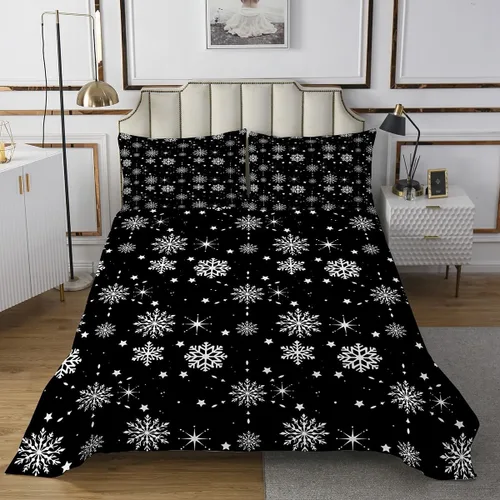 Miniatura 2 de Erosebridal Juego de edredón de Navidad con copos de nieve para niños y niñas, color blanco y negro, tamaño individual, juego de colcha de estrellas