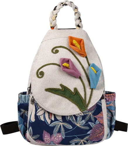 Miniatura 130 de HUANGGUOSHU Mochila de algodón tejida de algodón bohemio con bordado de lona estilo bohemio con múltiples bolsillos retro linda mochila cartera