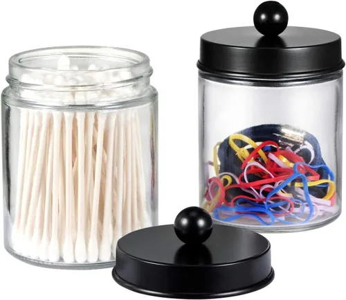 Miniatura 6 de Amolliar 6 tarros de boticario para baño, organizador de tocador de baño, decoración rústica de granja con tapas de acero inoxidable, soporte Negro
