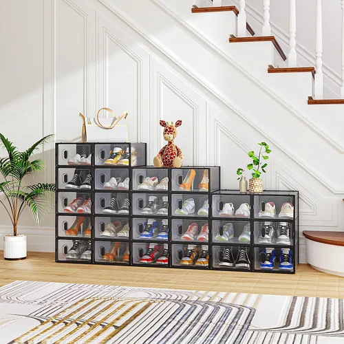 Miniatura 18 de Paquete de 6 cajas de zapatos apilables de plástico transparente, cajas organizadoras de zapatos con tapas para tenis, estuche para zapatos hasta