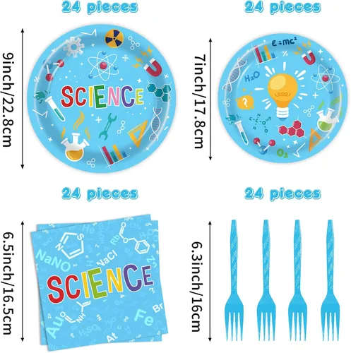 Miniatura 2 de Platos de cumpleaños de ciencia de 96 piezas, suministros y decoraciones para fiestas de ciencia