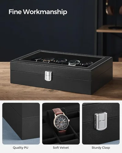 Miniatura 3 de SONGMICS Caja de reloj caja de reloj de 12 ranuras con tapa de cristal grande almohadas de reloj extraíbles organizador de caja de reloj regalo