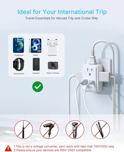 Miniatura 6 de Paquete de 2 adaptadores de enchufe de viaje europeos, adaptador VINTAR Europe con 4 salidas de CA, 3 puertos USB (2 USB C), adaptador de corriente