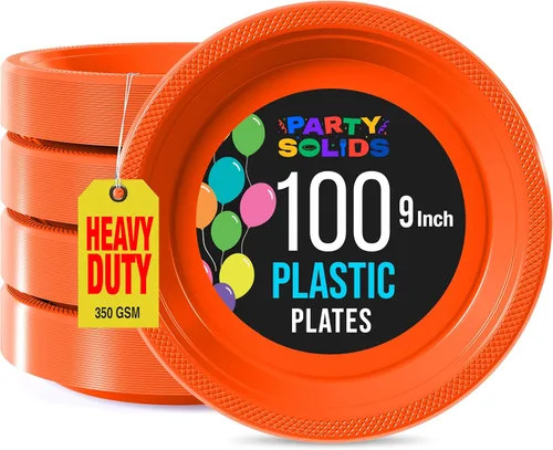 Miniatura 9 de Exquisitos platos de plástico rojo Party Solids para fiesta, platos desechables rojos de 9 pulgadas, juego de vajilla de plástico resistente, 100