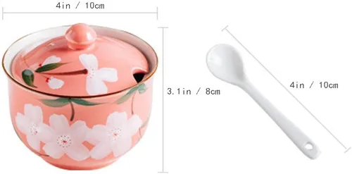 Miniatura 3 de FUYU Tarro de condimentos de cerámica con flores pintadas a mano con tapa y cuchara, recipiente para azúcar Azul