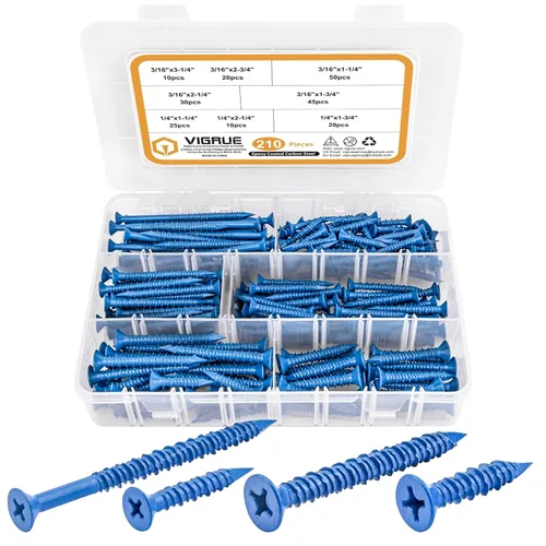 VIGRUE Kit surtido de tornillos de hormigón de 1/4 de pulgada, 3/16 pulgadas, 210 tornillos de cemento de cabeza plana para anclar a mampostería,