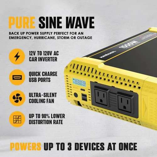 Miniatura 2 de Krieger - Inversor sinusoidal puro de 1500 vatios y 12 V, salidas de CA dobles y USB, kit de instalación incluido, alimentación portátil automotriz