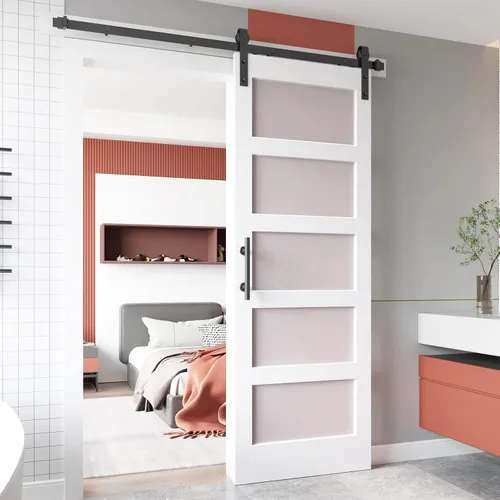 Miniatura 12 de EaseLife puerta de granero de vidrio de 28 x 84 pulgadas con kit de herrajes deslizantes de 5 pies incluido y manija, madera maciza cubierta