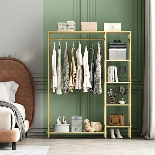 Miniatura 3 de TIEOU Estantes de ropa dorados modernos independientes, estante de ropa dorado con estantes para boutiques, estante de ropa resistente para colgar