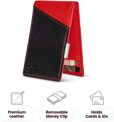 Miniatura 6 de FH Signature - Cartera delgada con bloqueo RFID para hombre con clip de metal para dinero en cuero de grano superior Negro Rojo 425 x 275 Cartera
