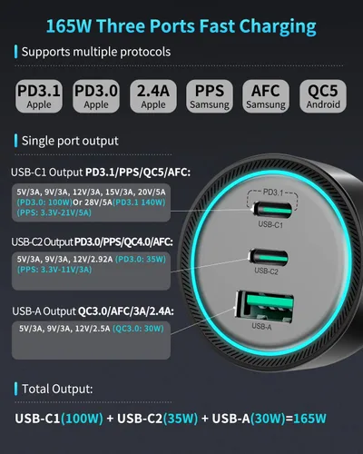 Miniatura 3 de Cargador de coche de 165 W para portátiles, PD3.1 140W/PD3.0 100 W USB C cargador de coche, cargador USB de carga súper rápida con cable de 240 W