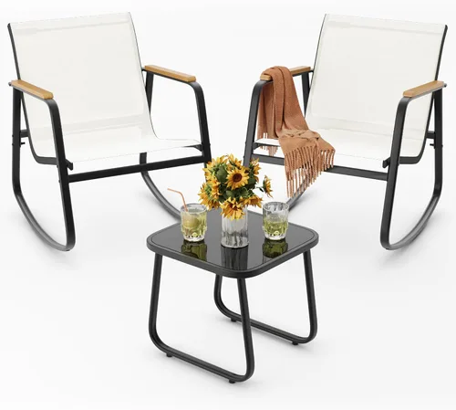 Miniatura 11 de Ahomly - Juego de 3 piezas de muebles de patio, juego de muebles de exterior de Textilene con reposabrazos de madera, mesa de café con superficie