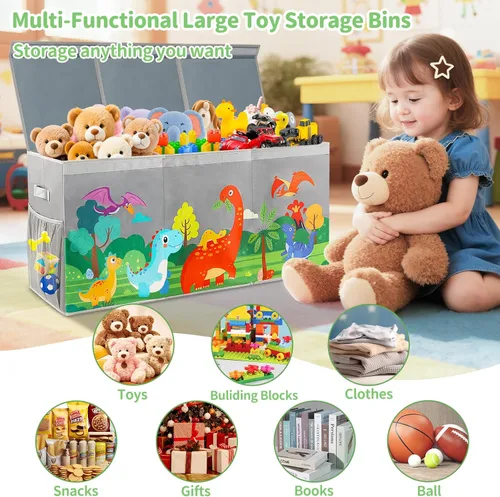 Miniatura 2 de Caja de juguetes extragrande con tapas, organizador plegable de almacenamiento de juguetes para niños, caja de juguetes de dinosaurio para niños Gris