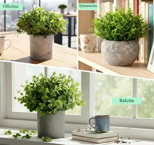Miniatura 8 de Lemonfilter Pequeñas plantas falsas, paquete de 5 mini plantas artificiales de eucalipto en maceta, plantas artificiales de plástico para estantes 2