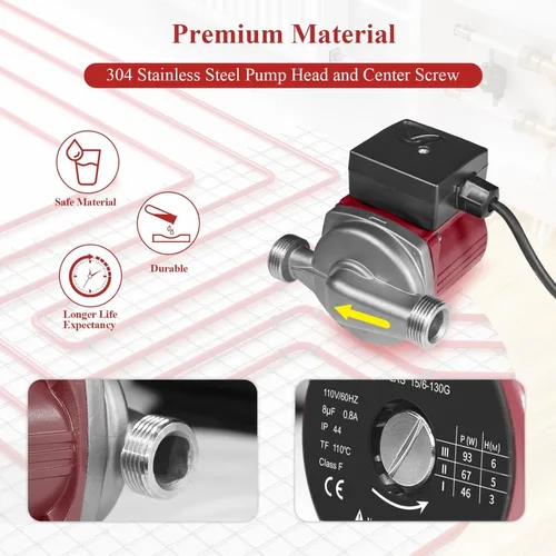 Miniatura 2 de WiseWater Bomba de recirculación de agua caliente de acero inoxidable 304, 3 velocidades con adaptadores NPT de 3/4 pulgadas, cabezal de 20 pies