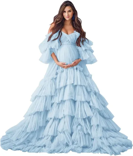 Vestidos de maternidad de tul hinchado con volantes para sesión de fotos, hombros descubiertos, lencería nupcial, baby shower, bata de embarazo