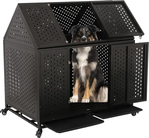 Jaula indestructible para perros de 44 pulgadas, resistente a escapes, con techo puntiagudo para perros grandes y medianos de alta ansiedad, jaula