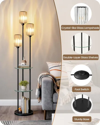 Miniatura 8 de Lámpara de pie negra con estantes, lámpara de pie moderna con 3 pantallas de cristal e interruptor de pie, lámpara de pie de 3 luces, para sala