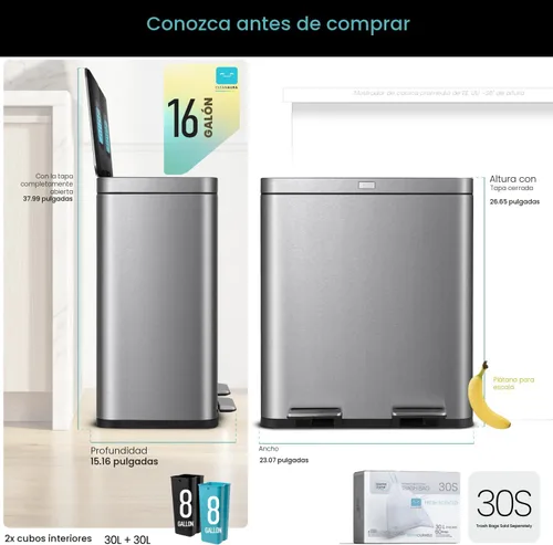 Miniatura 8 de Home Zone Living cubeta de basura de cocina de 16 galones con compartimentos duales para reciclaje, control de olor CleanAura, acero inoxidable