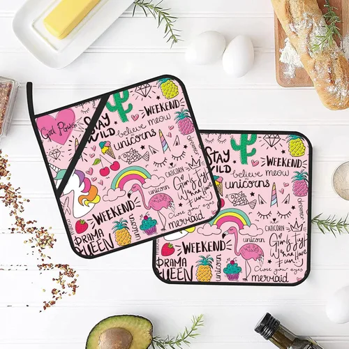Miniatura 4 de Juego de 2 soportes para ollas de unicornio de flamenco rosa, resistentes al calor y antideslizantes, almohadillas calientes para horno de dibujo