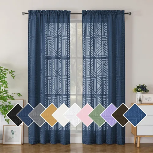 Miniatura 55 de Simplebrand Cortinas traslúcidas negras de cocina de 24 pulgadas de largo, 2 paneles, filtrado de luz, geométrico jacquard con textura, cortinas