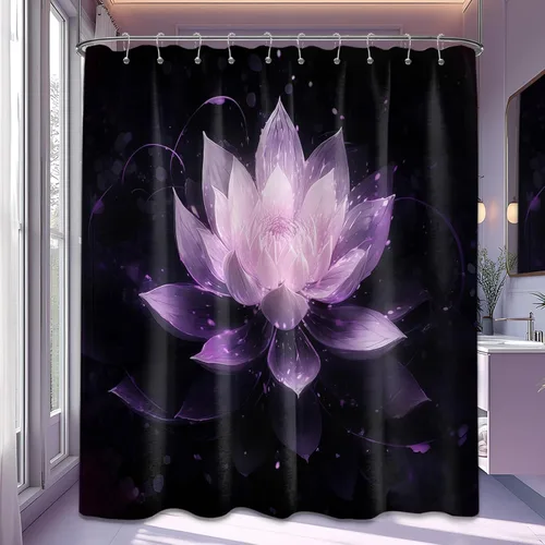 Miniatura 33 de Cortina de ducha con flores de loto negro y azul para decoración de baño, juego de cortinas decorativas de baño con estampado floral, tela