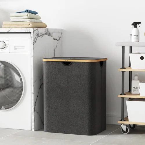 Miniatura 2 de Lifewit Cesta de ropa de 120L con tapa, cestas de ropa para lavandería con asas de bambú y una bolsa de lavandería extraíble, cesta plegable grande