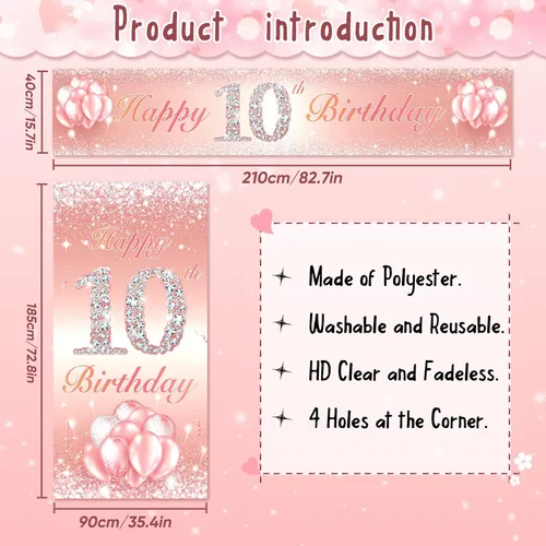 Miniatura 2 de Juego de carteles largos de feliz cumpleaños 10 para puerta, porche, decoración de cumpleaños de 10 años para niñas, suministros de fiesta