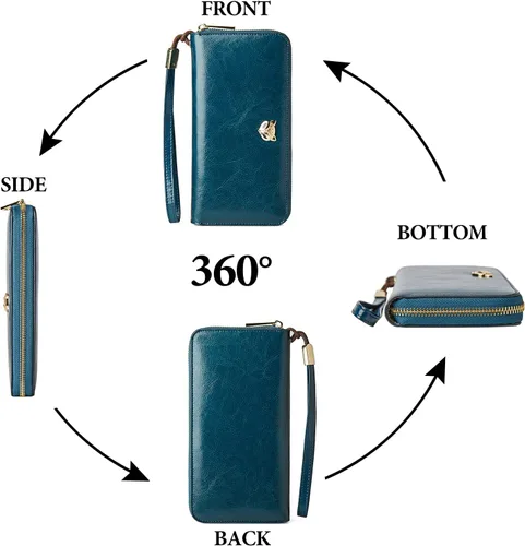 Miniatura 3 de FOXLOVER Carteras de cuero para mujer con bloqueo RFID pequeño y compacto tarjetero de crédito con bolsillo con cremallera Azul Classic