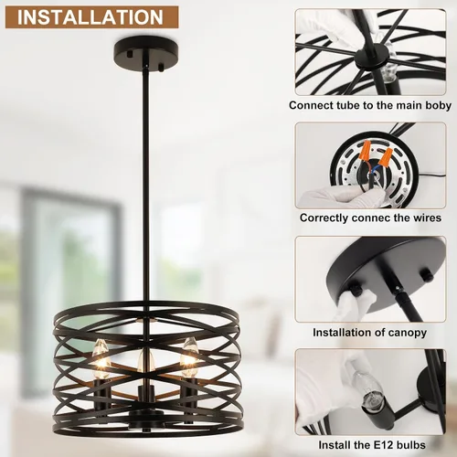 Miniatura 9 de Candelabros de granja para comedor, iluminación colgante de 3 luces para isla de cocina, tambor negro, lámpara rústica para colgar en el techo