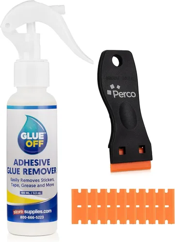 Perco Removedor de Adhesivo Glue Off de 3.3 onzas líquidas y raspador con cuchilla de plástico para quitar etiquetas (Removedor de Adhesivo y