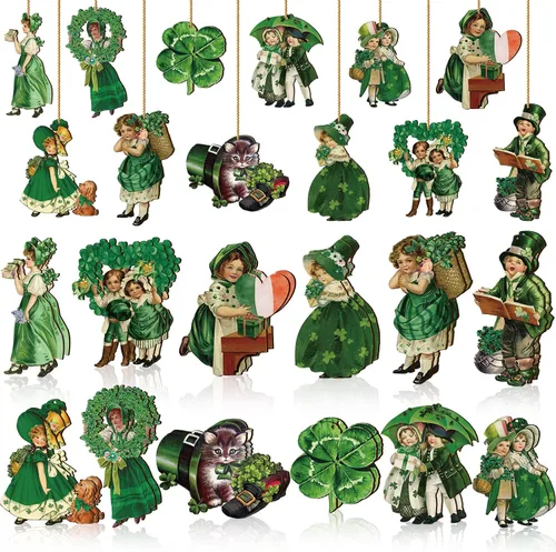 Karenhi 24 adornos vintage de Pascua para árbol, decoración del árbol del día de San Patricio, adornos de conejo de madera, recortes colgantes con