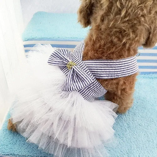 Miniatura 6 de Vestidos para Perros, Ropa de Mascota a la Moda, Vestidos de Princesa para Cachorros con Rayas y Malla (Azul, XS)
